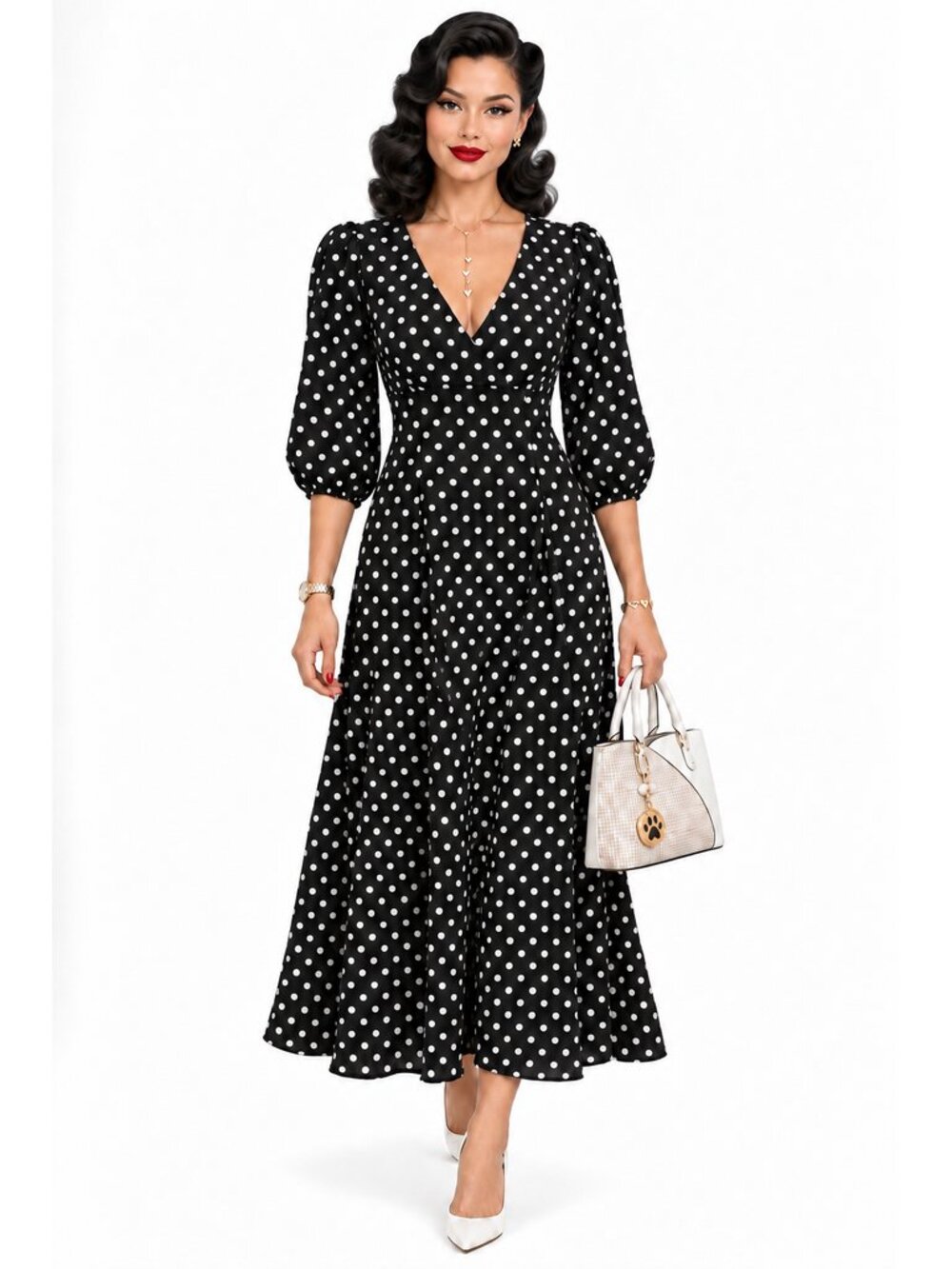 Kate Spade New York Women's Size 4 Black White Polka Dot Midi Dress Puff Sleeve